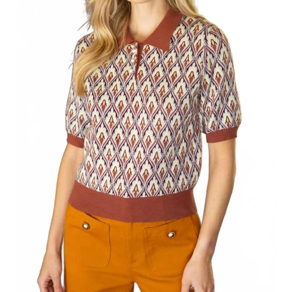 NEW VOY quarter button collared abstract ribbed knit top in brown